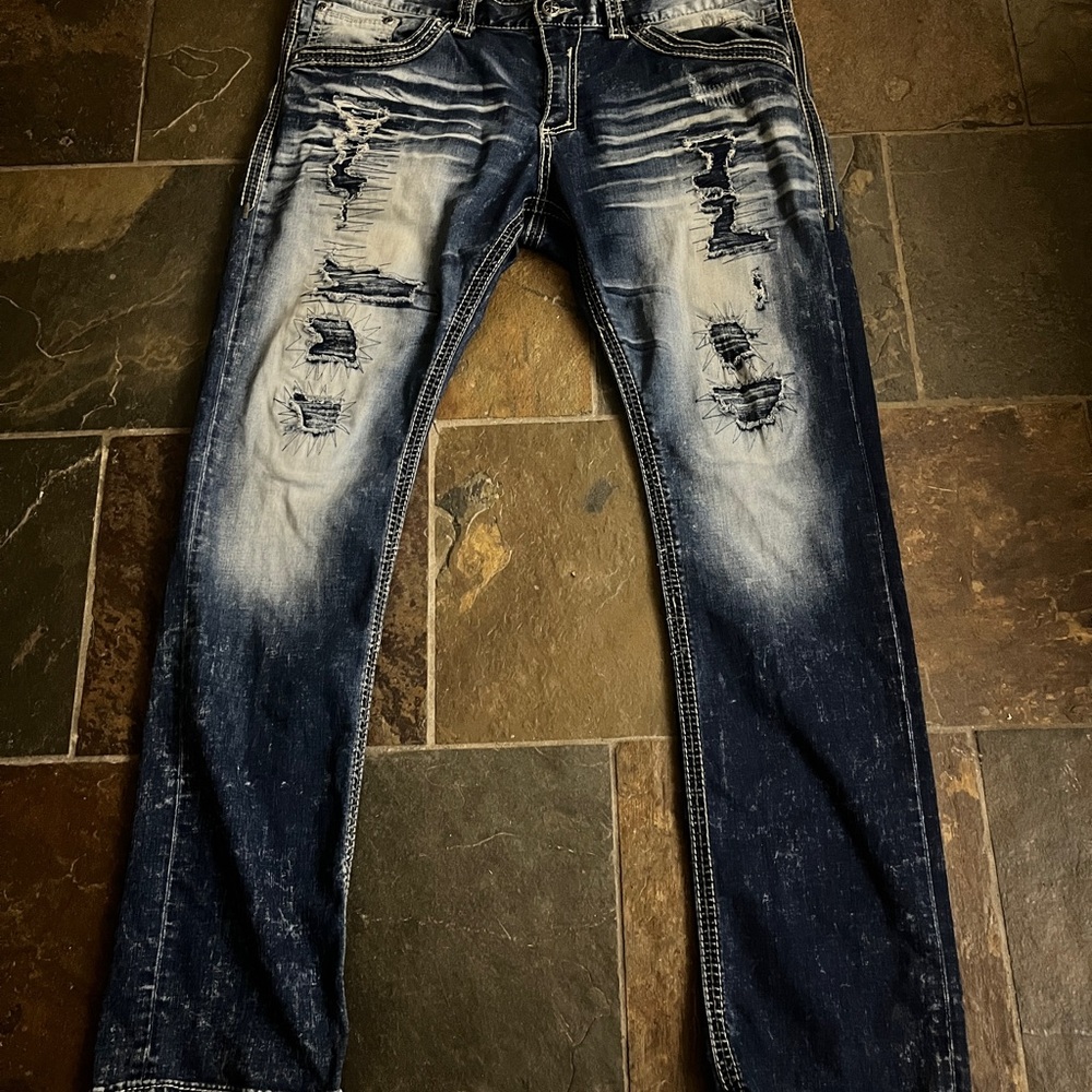 Affliction Dark Blue Distressed Strait Jeans